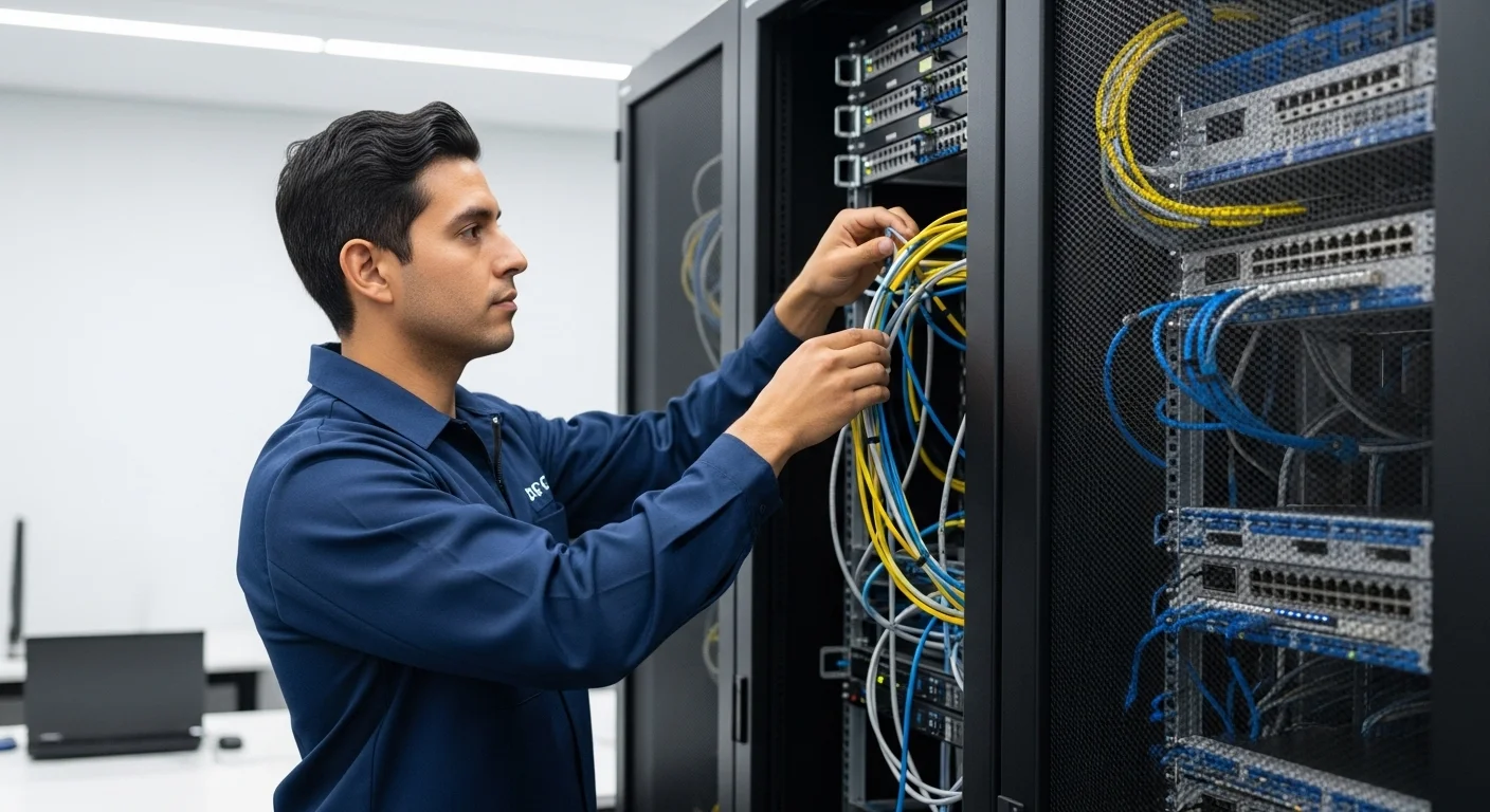 Técnico instalando cables de red en un rack de servidores de una oficina, demostrando la importancia de la infraestructura.