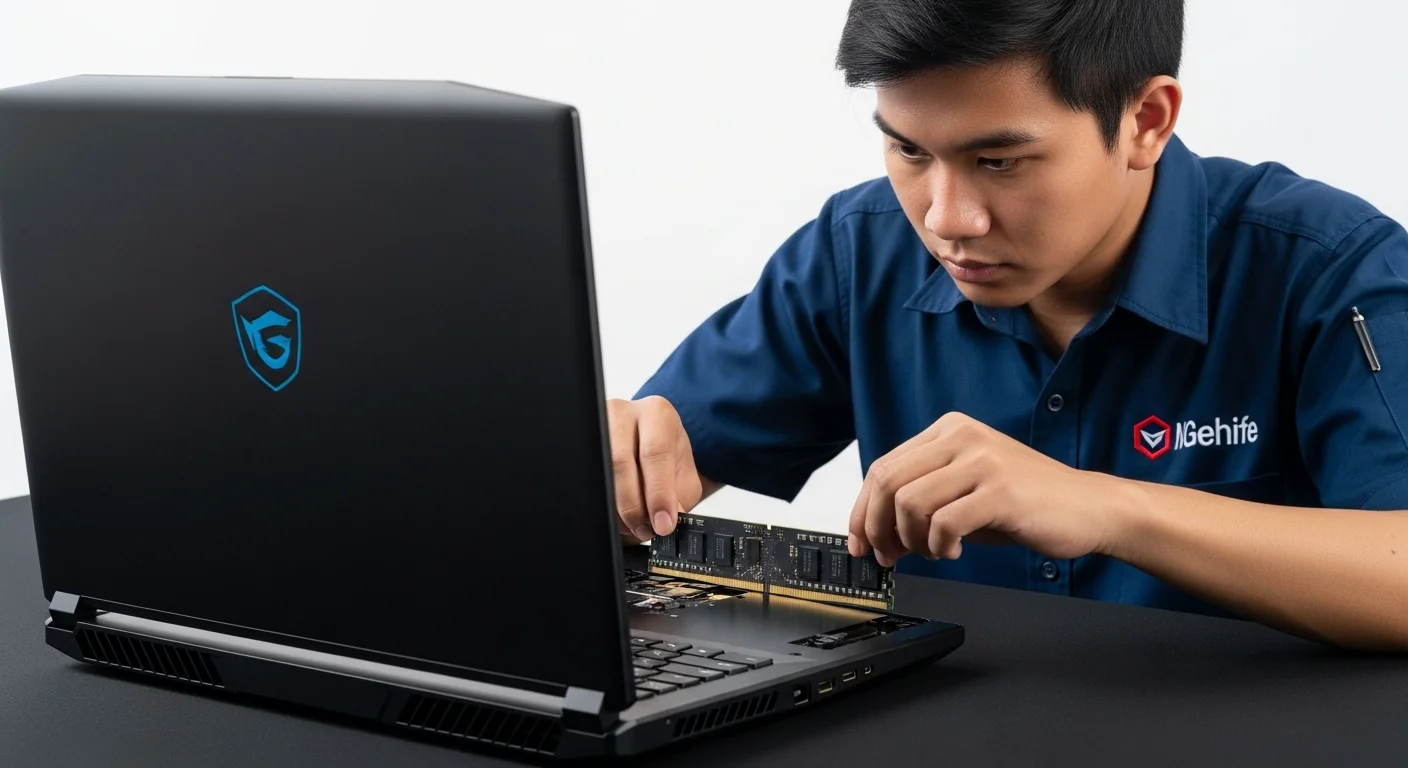 Técnico instalando una memoria ram de 16gb en una laptop gamer para mejorar su rendimiento.