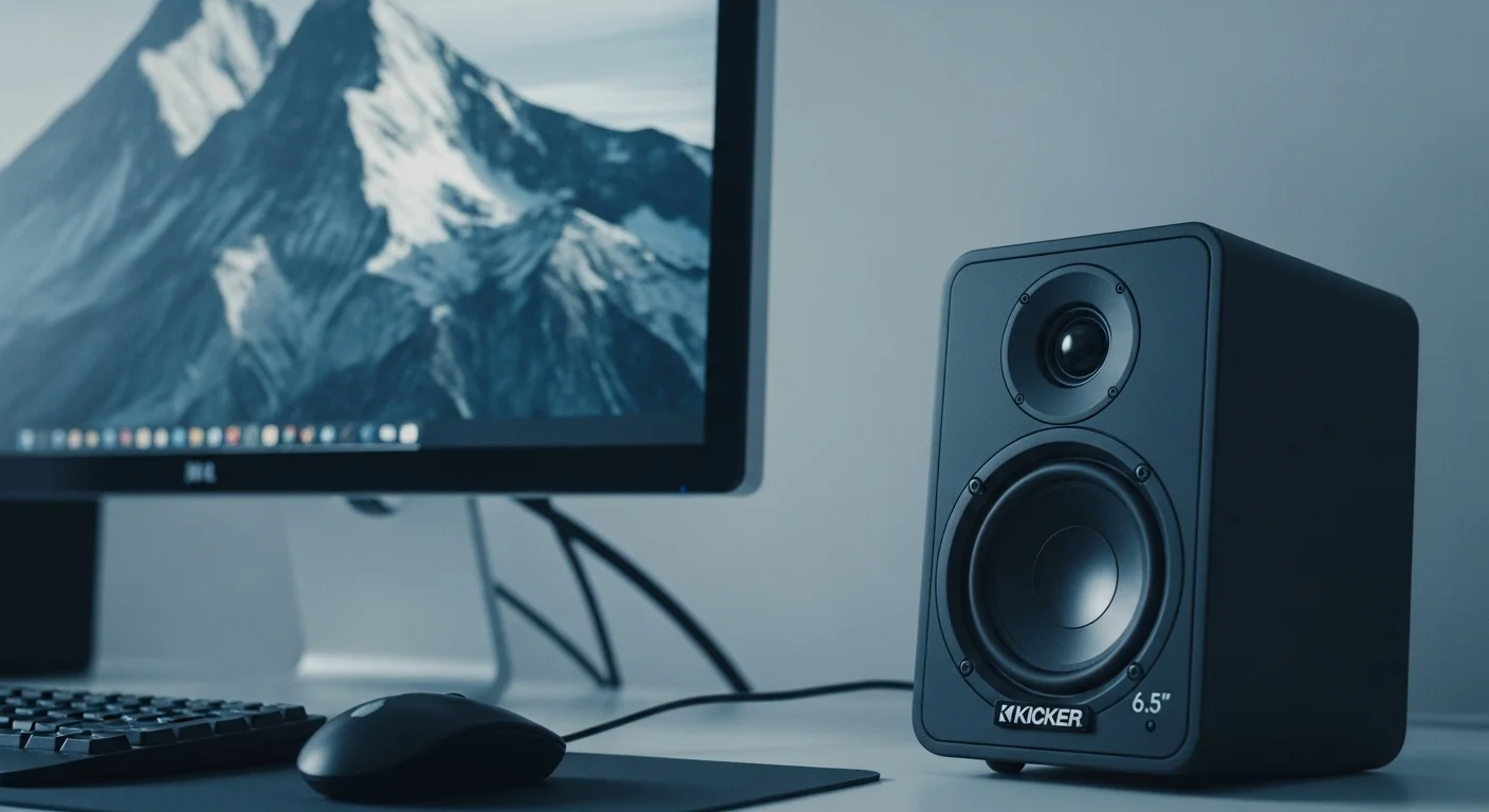 Primer plano de una bocina Kicker 6.5 pulgadas junto a un monitor de computadora, mostrando la integración de audio de alta calidad en un espacio de trabajo tecnológico