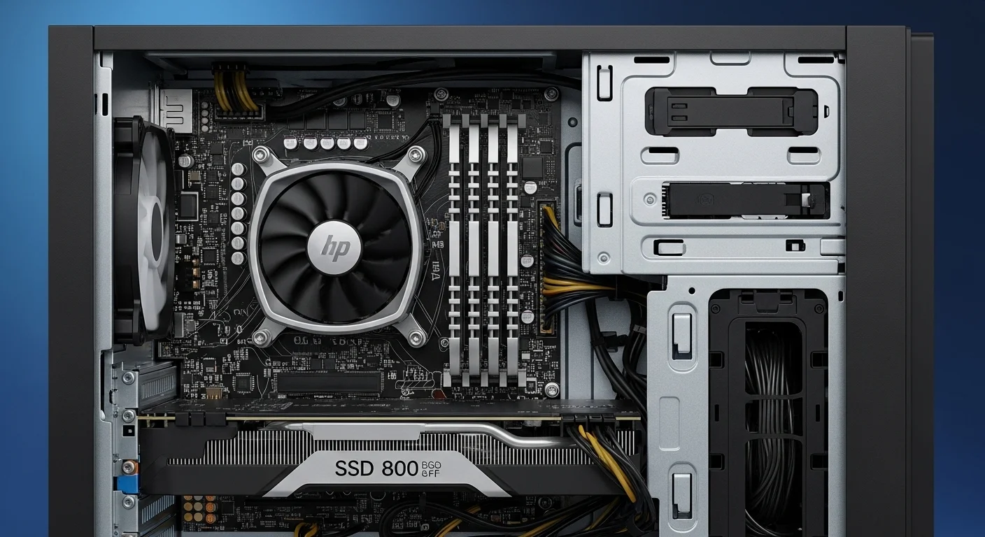 Interior de una computadora Compaq Elite 8300 SFF mostrando las ranuras para memoria RAM, el espacio para un SSD y una tarjeta gráfica de bajo perfil.