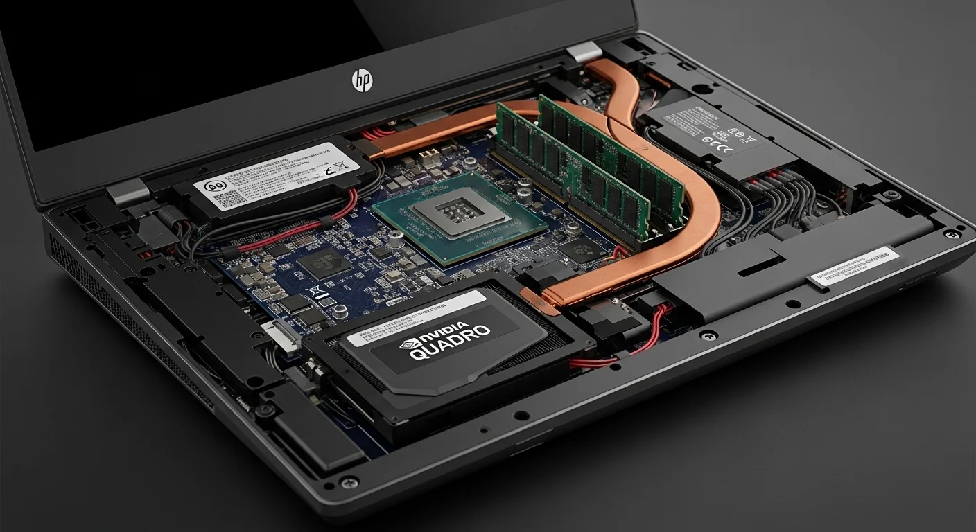 Componentes internos de una computadora workstation HP Zbook G5, destacando el CPU, la GPU dedicada NVIDIA Quadro y los módulos de memoria RAM.