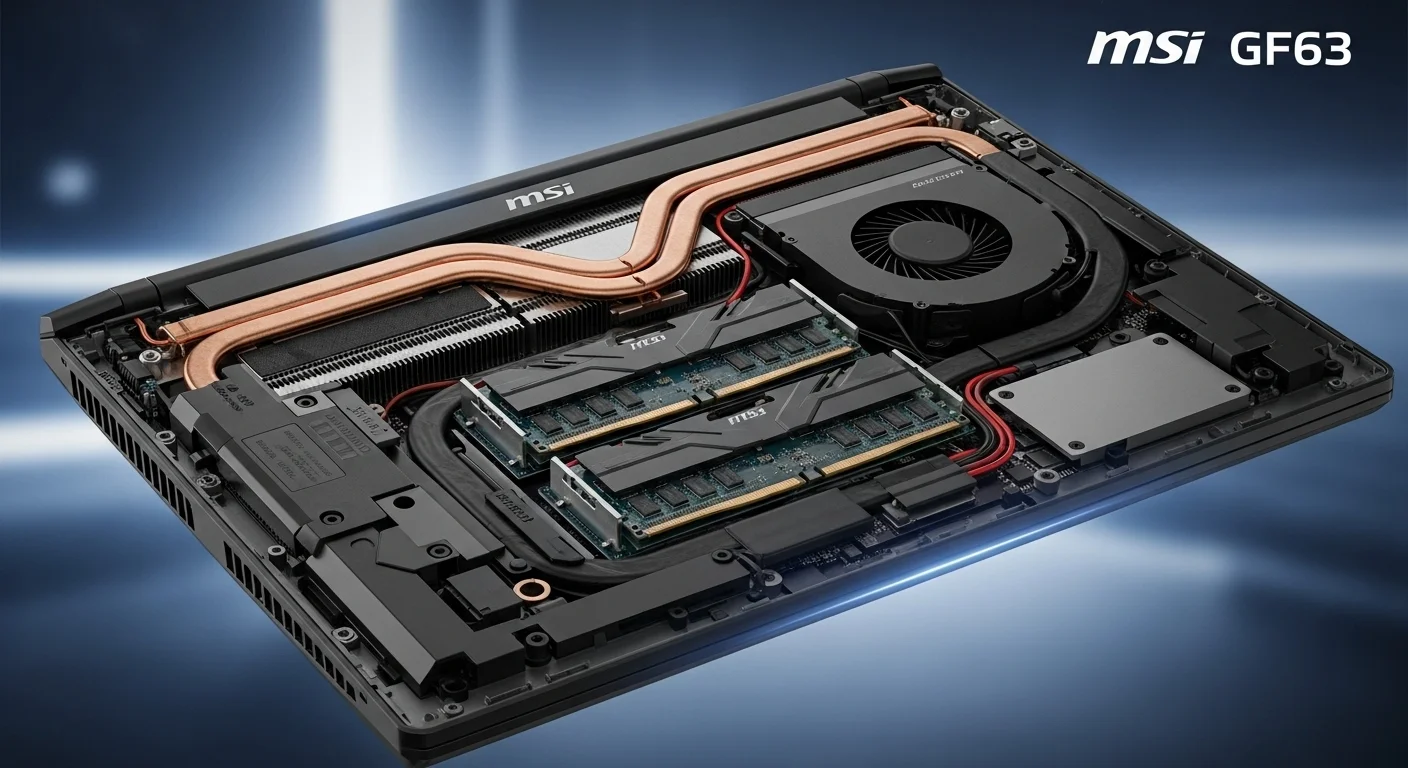 Vista interna de los componentes de una computadora portátil MSI GF63, destacando el sistema de enfriamiento y la memoria RAM.