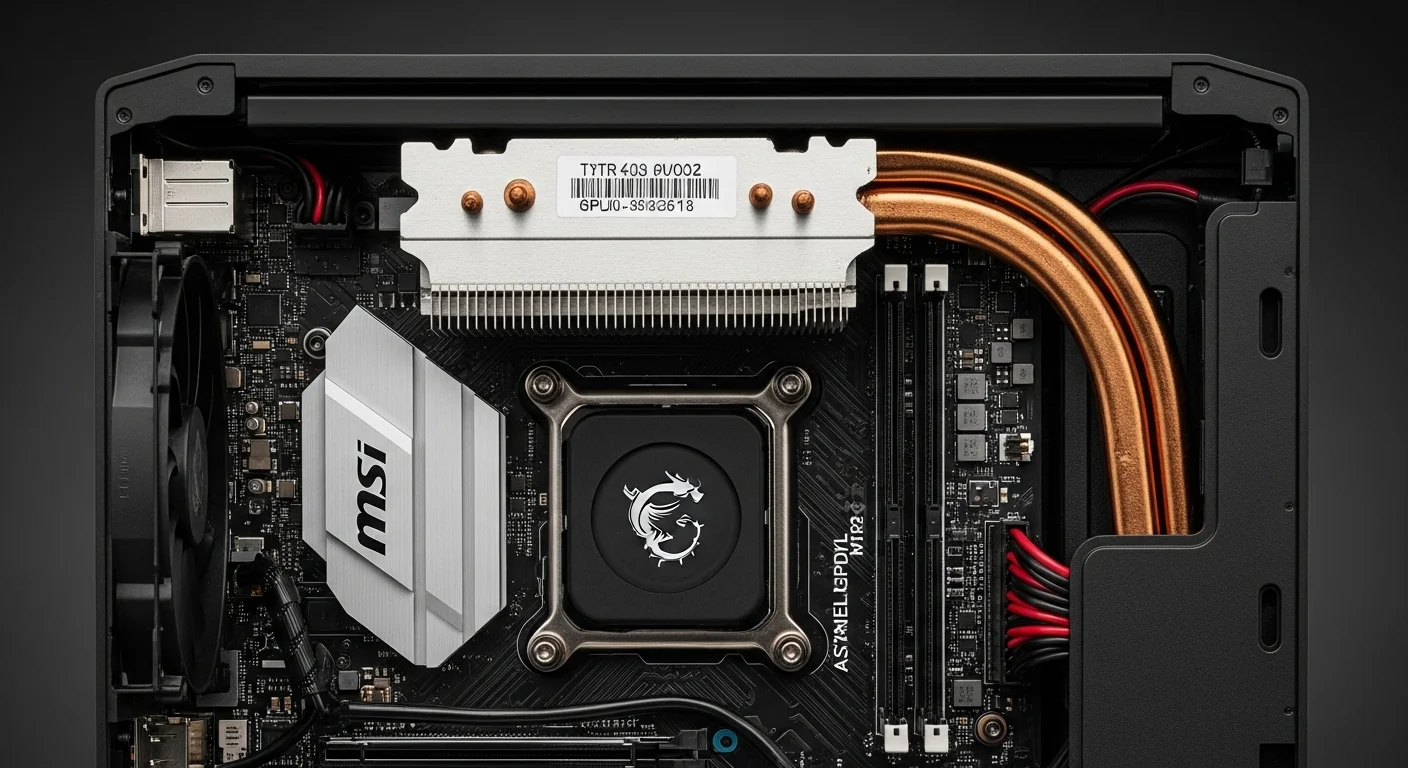 Vista interna de los componentes de una computadora MSI Thin, mostrando el sistema de refrigeración sobre la CPU y la GPU.