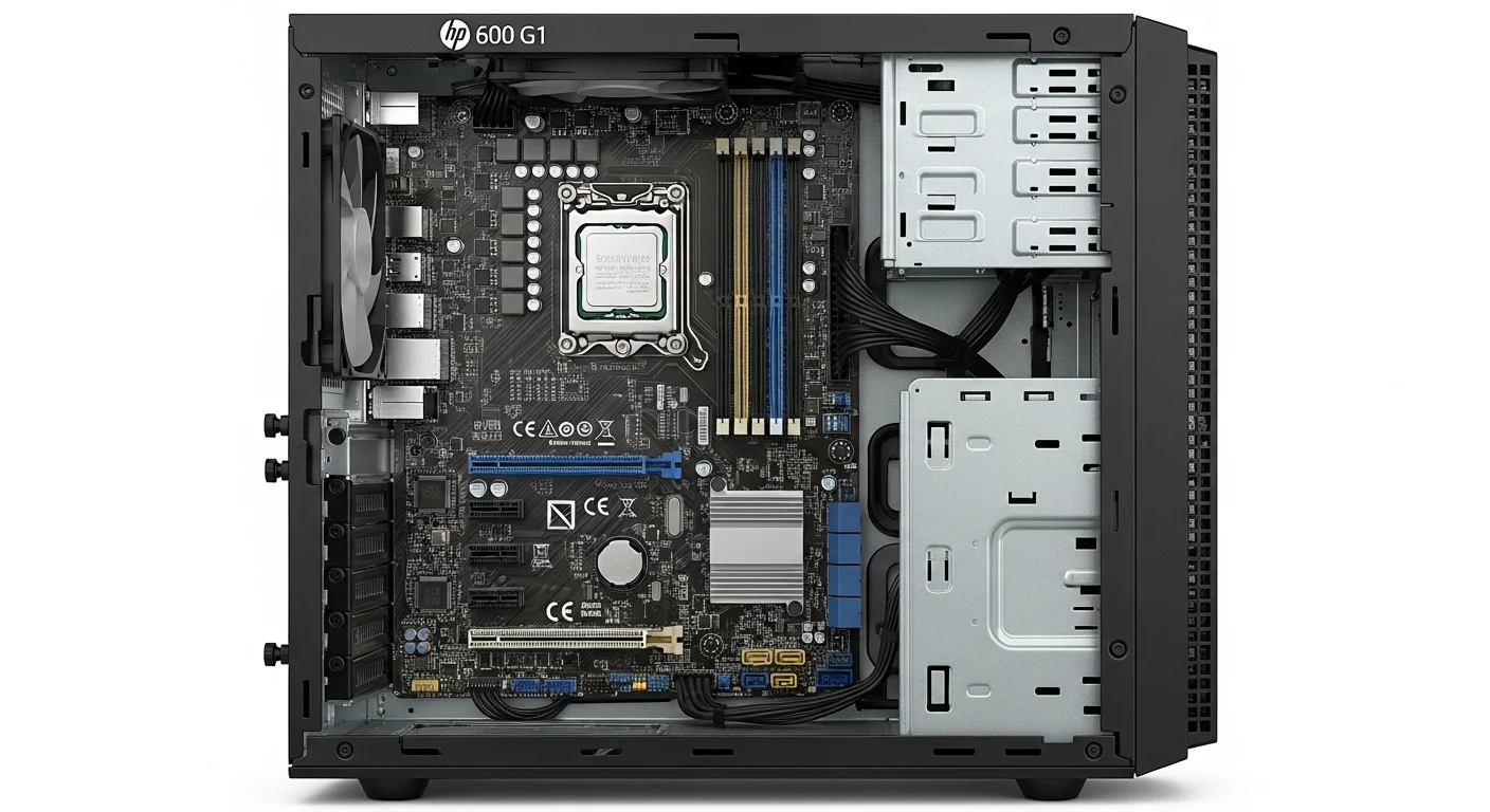 Vista interior de una computadora HP 600 G1 Tower mostrando la placa base, la CPU, la RAM y las ranuras de expansión.