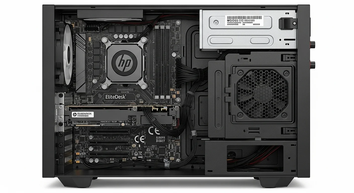 Vista interna de una computadora HP EliteDesk 700 G1 SFF mostrando los componentes como la CPU, memoria RAM y ranuras de expansión.