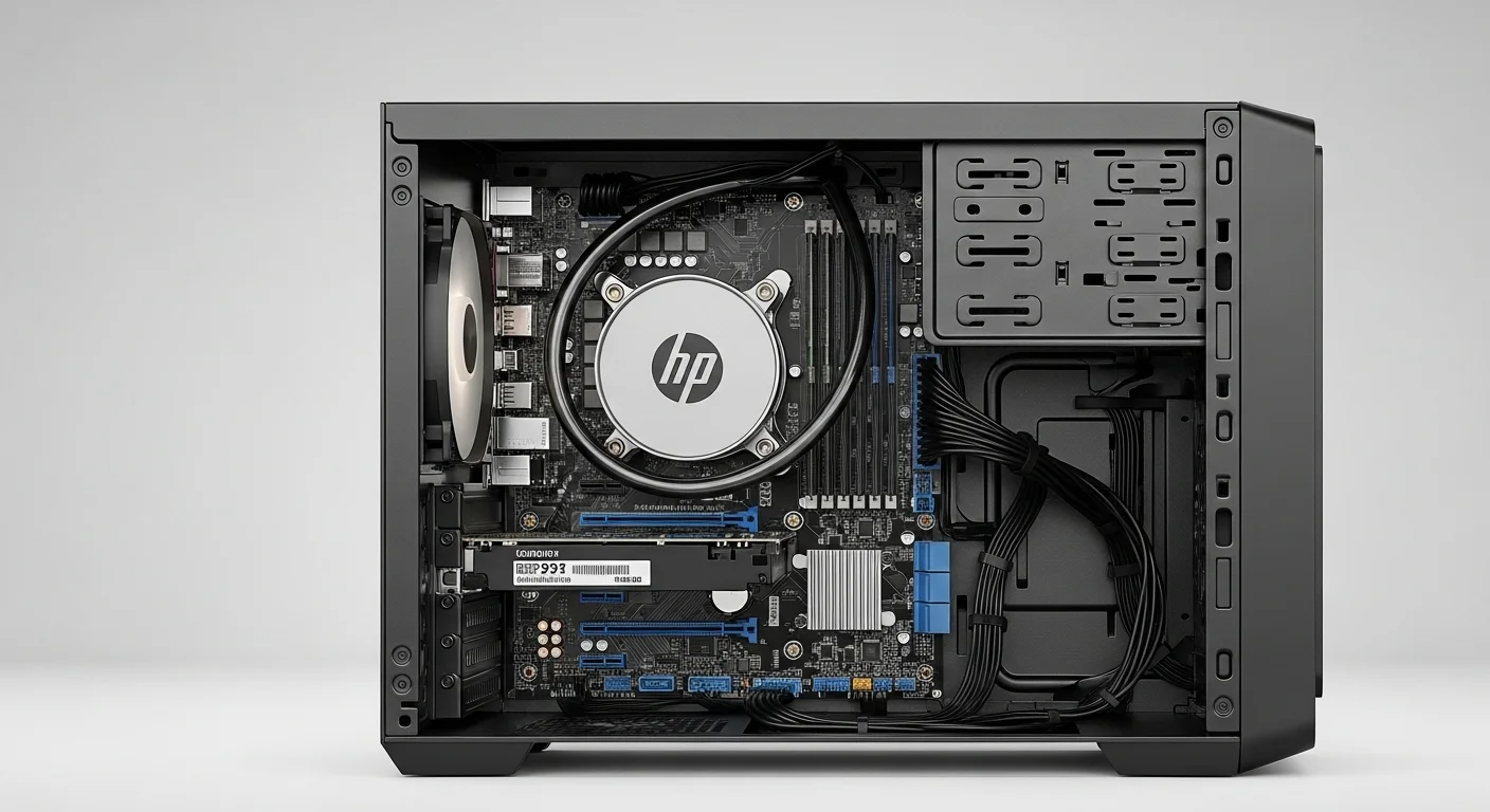 Vista interior de una HP Microtower mostrando los componentes internos como la placa base, la memoria RAM y las ranuras de expansión.