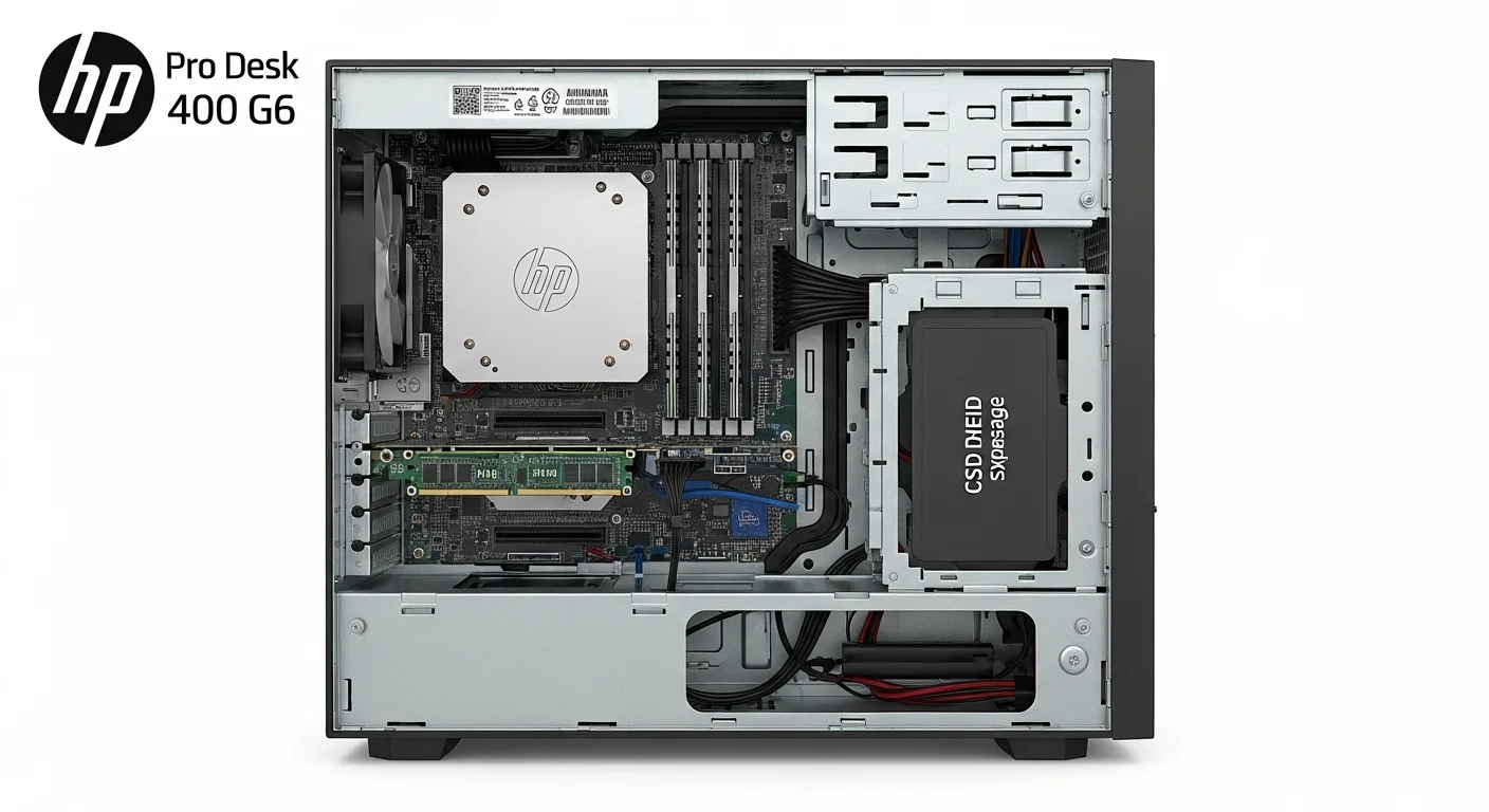 Vista interior de una computadora HP Pro Desk 400 G6 abierta, mostrando las ranuras de RAM y el espacio para el almacenamiento SSD, destacando su facilidad de actualización.