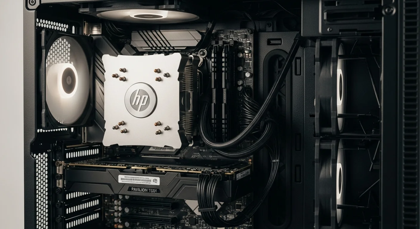 Vista interna de una computadora HP Pavilion TG01, mostrando los componentes como la CPU, GPU, RAM y el espacio limitado para upgrades.