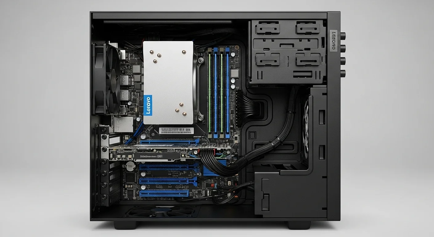 Vista interna de una computadora Lenovo SFF mostrando los componentes como la RAM, el procesador y las ranuras de expansión PCIe.