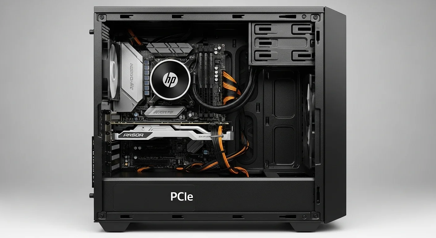 Vista interior de una computadora Micro Torre mostrando las ranuras de expansión para RAM y tarjetas PCIe, destacando su modularidad.