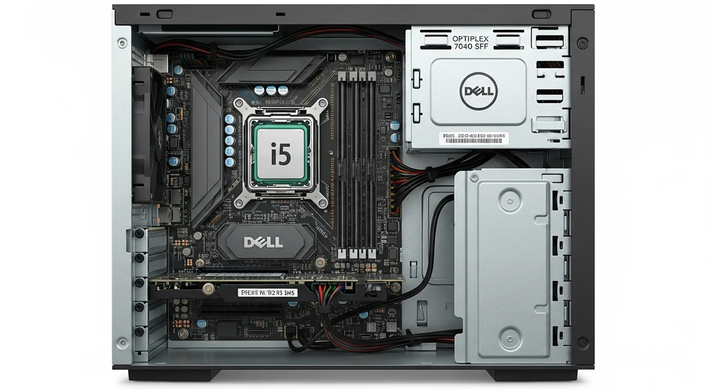 Vista interior de un Dell Optiplex 7040 SFF mostrando las ranuras de RAM, el procesador i5 y el espacio para actualizaciones.