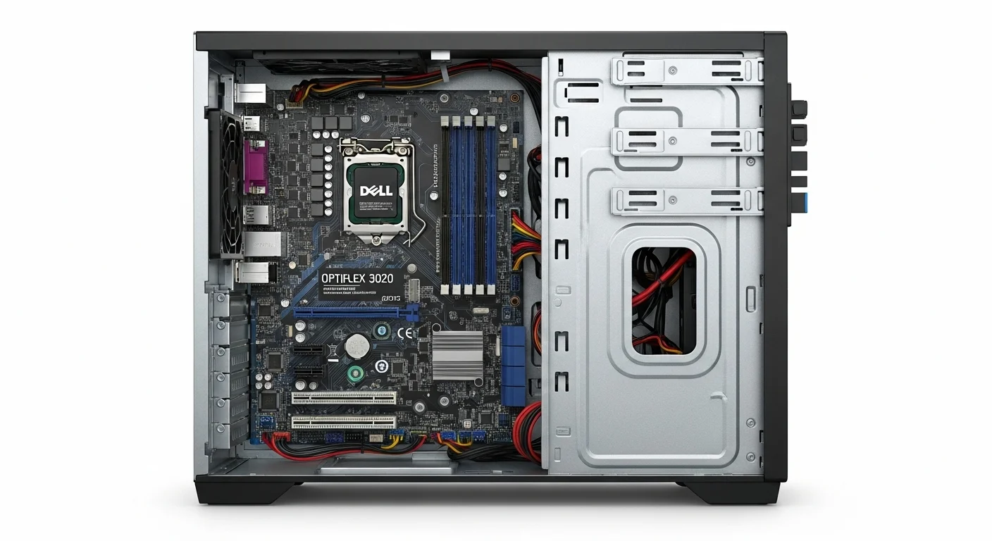 Interior de una computadora Dell Optiplex 3020 MT abierta mostrando sus componentes internos, como la CPU, slots de RAM y bahías de expansión, lista para una actualización.