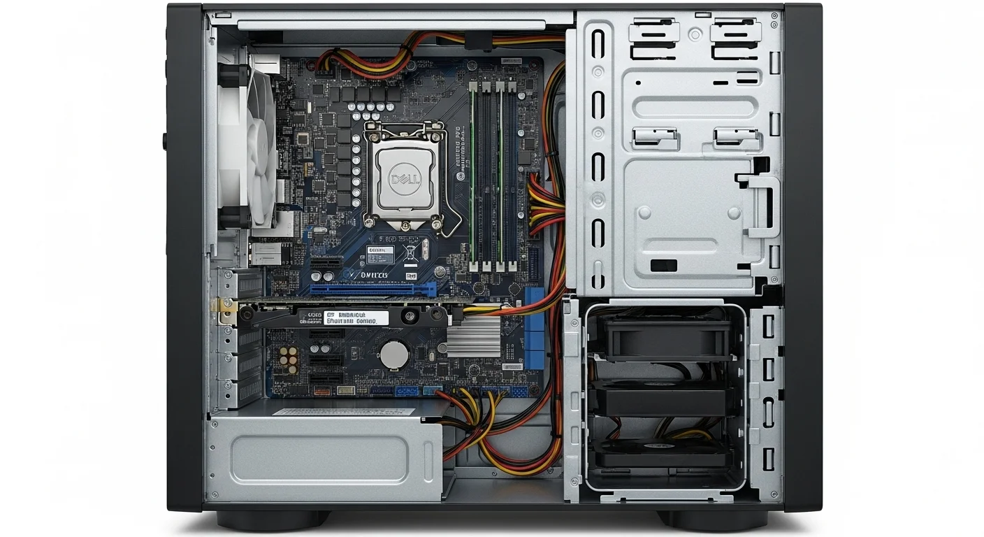 Vista interior de una computadora Dell Optiplex SFF, destacando la organización de sus componentes internos y la facilidad de mantenimiento.