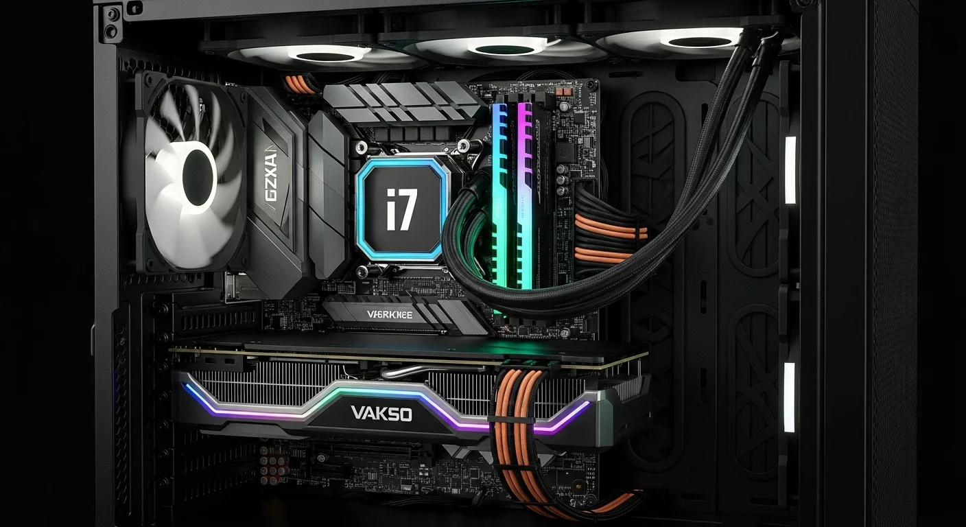 Vista interior de un desktop pc i7 de alto rendimiento, destacando el procesador, la tarjeta gráfica dedicada, la memoria RAM y el sistema de refrigeración.