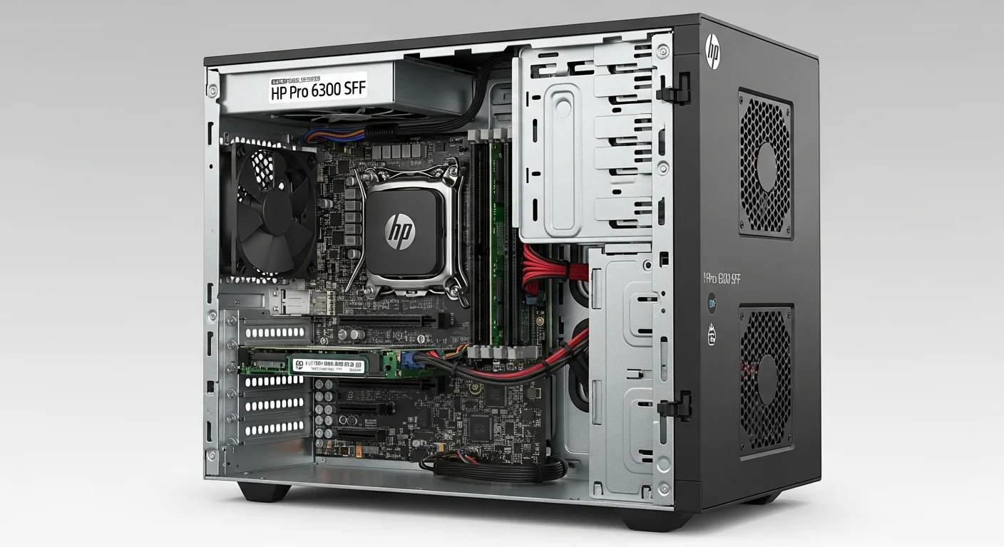 Vista interna de una computadora HP Pro 6300 SFF mostrando los componentes como la RAM, el procesador y las ranuras de expansión.