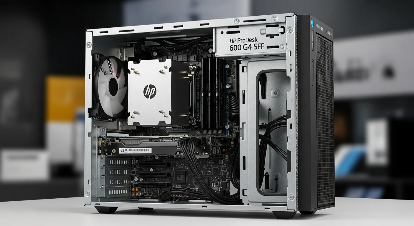 Vista interior de una computadora hp prodesk 600 g4 sff, destacando las ranuras de memoria RAM, el disipador del CPU y las ranuras de expansión PCIe.