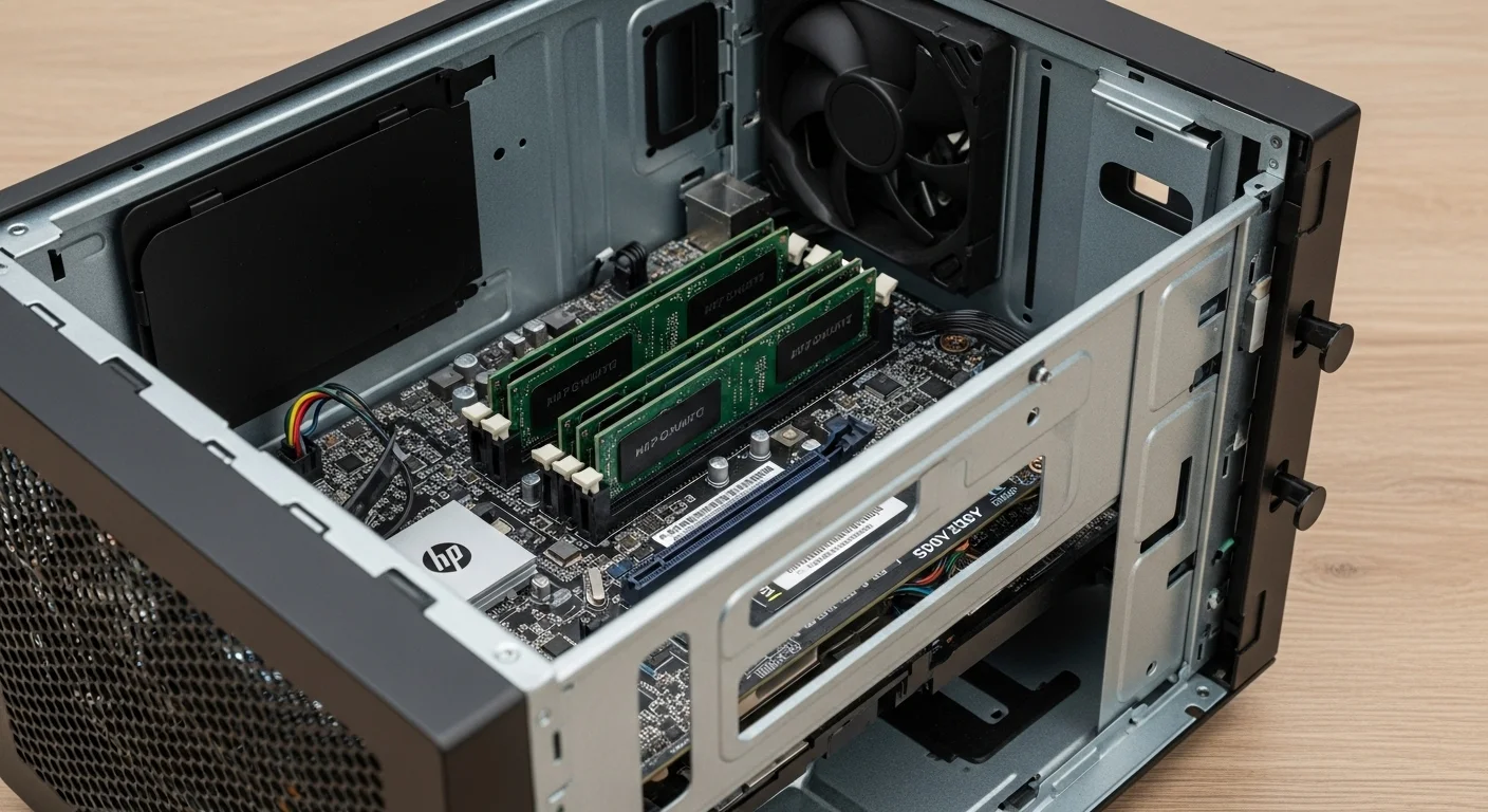 Vista interior de una computadora HP SFF Compaq abierta, mostrando la placa base, la memoria RAM y el espacio para una tarjeta gráfica de bajo perfil.