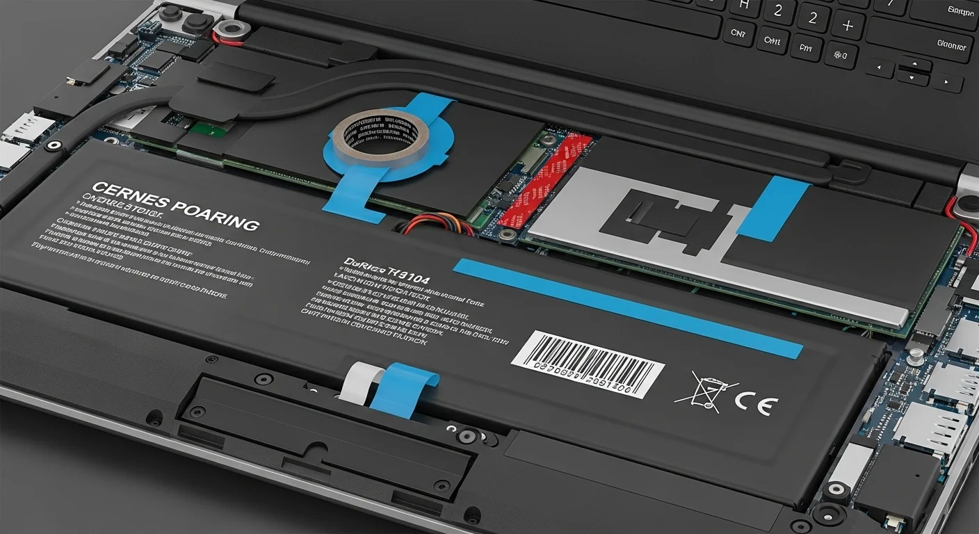 Vista interna de una computadora portátil mostrando el uso de adhesivos y cintas para asegurar la batería, la placa base y otros componentes.