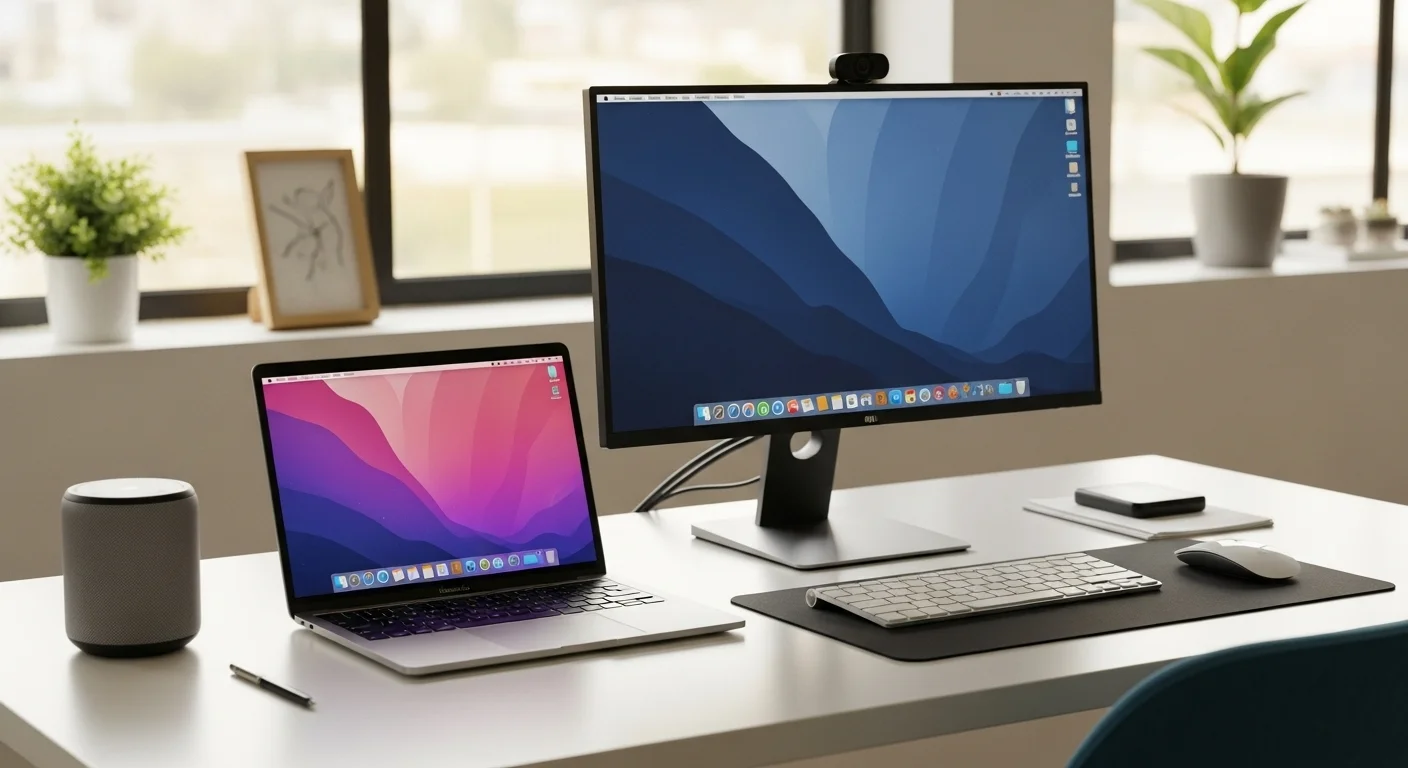 Un entorno de oficina moderno con un MacBook Air en un escritorio junto a un monitor externo, una bocina inteligente y otros accesorios tecnológicos, representando un espacio de trabajo eficiente.