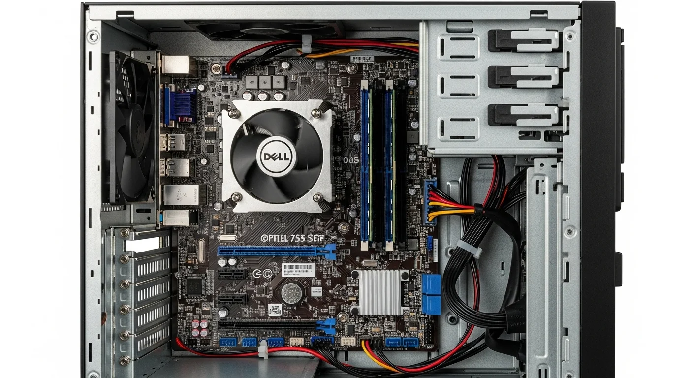 Vista interior de una computadora Dell Optiplex 755 SFF destacando la placa base, la memoria RAM y las opciones de expansión.