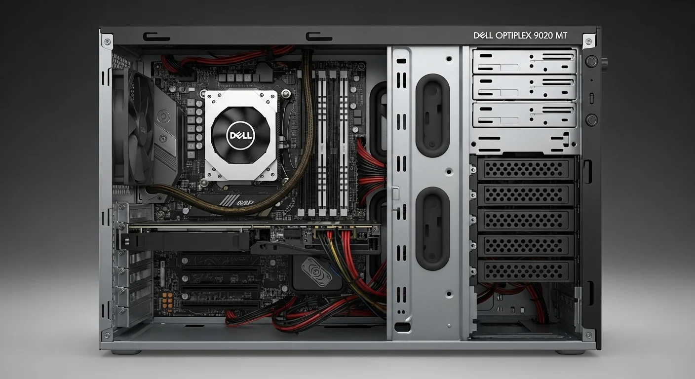 Vista interior de la computadora Dell Optiplex 9020 MT destacando las ranuras de RAM, el espacio para la GPU y las bahías de almacenamiento, mostrando su potencial de actualización.