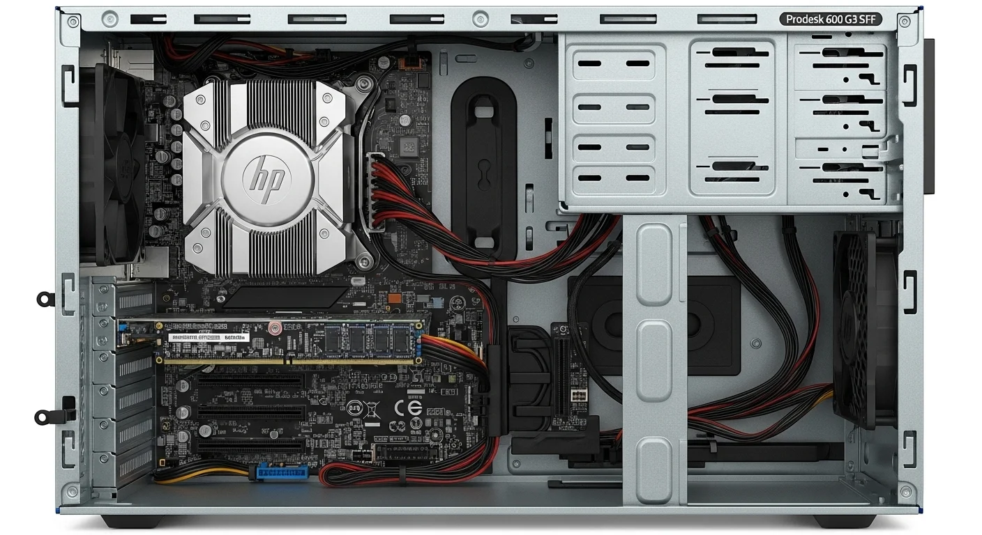 Vista interior de una computadora de oficina HP Prodesk 600 G3 SFF mostrando RAM, CPU y ranuras de expansión