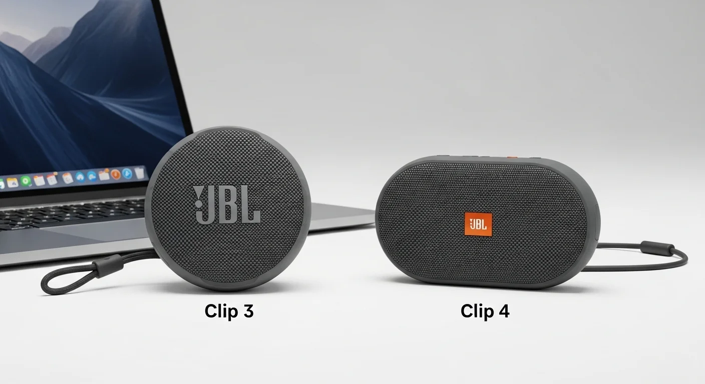 Comparativa lado a lado de la bocina JBL Clip 3 circular y la bocina JBL Clip 4 ovalada, destacando la evolución del diseño y su relación con la tecnología de computadoras.