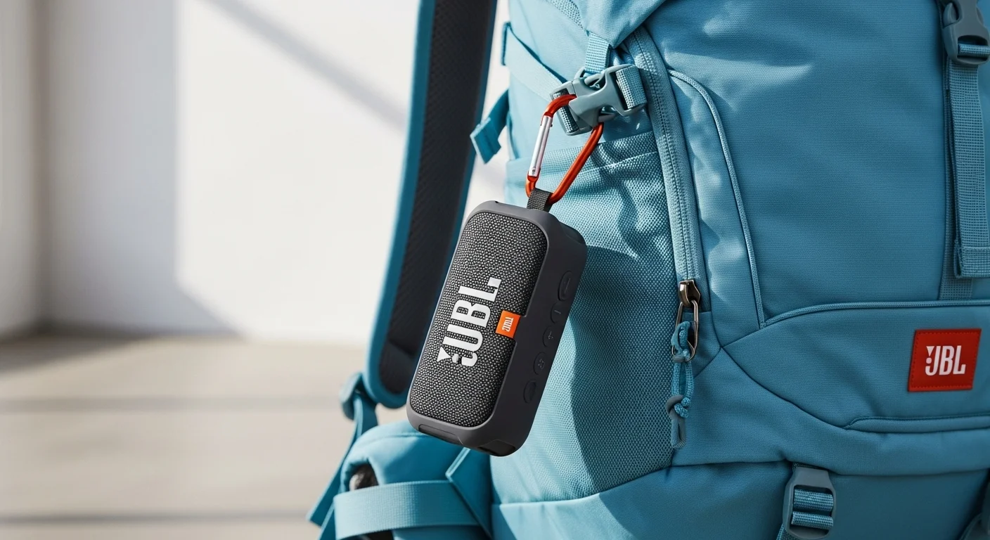 Una bocina Jbl Mini Clip 5 colgada de una mochila, destacando su portabilidad y diseño con mosquetón, ideal para usuarios de computadoras en movimiento.