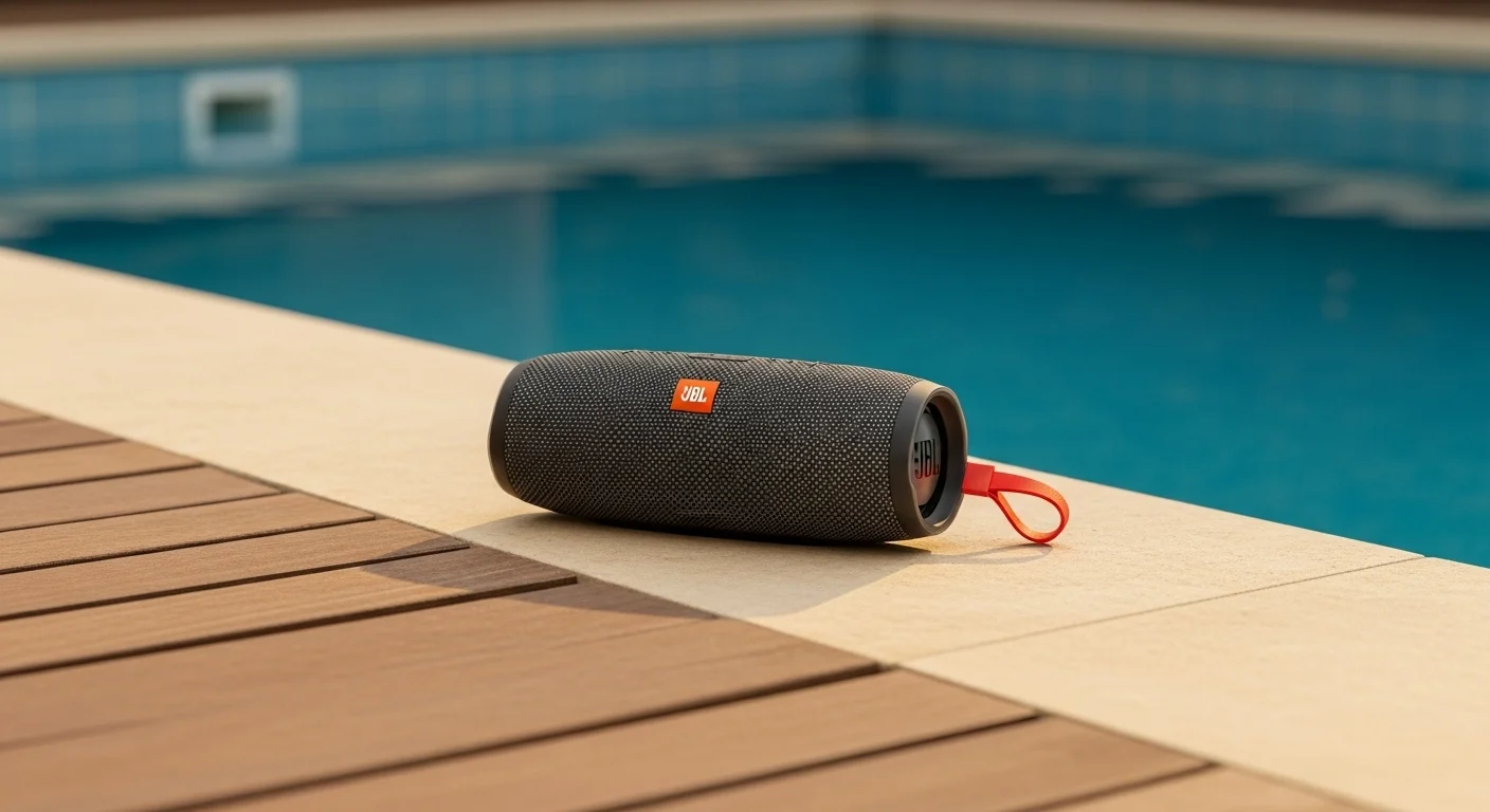 Parlante JBL Flip 4 resistente al agua junto al borde de una piscina, destacando su durabilidad y portabilidad para uso en exteriores con computadoras y otros dispositivos.