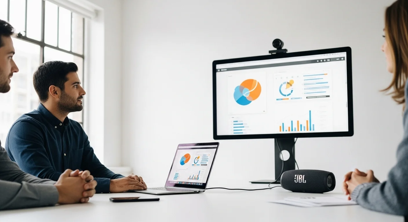 Imagen de un parlante JBL Flip 5 siendo utilizado en una sala de reuniones de oficina, conectado a una pantalla y computadora para una presentación.