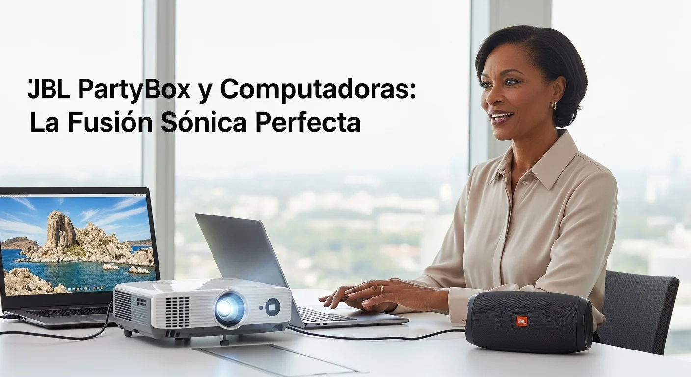 Una persona usando una laptop conectada a un proyector y una bocina JBL PartyBox 100 para una presentación en una sala de reuniones moderna.