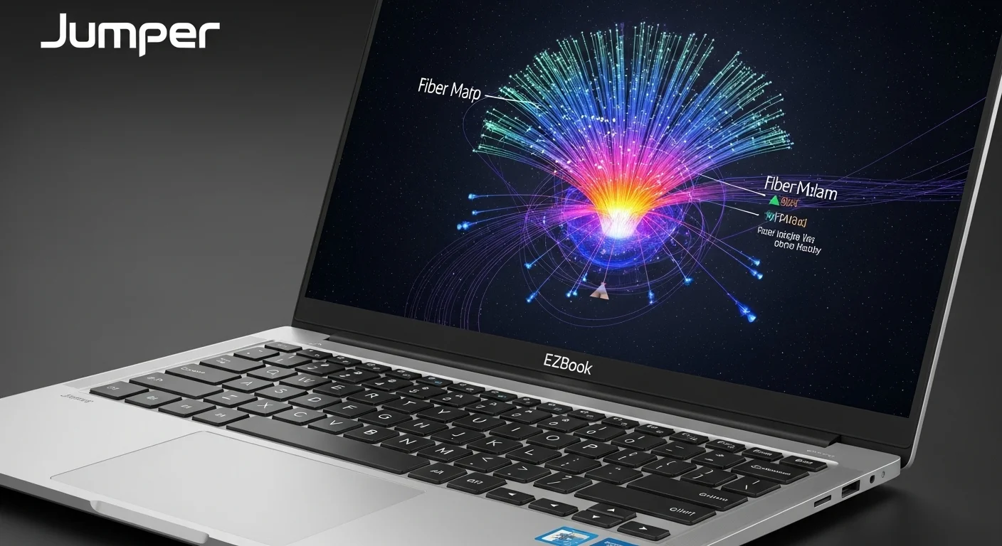 Primer plano de una laptop Jumper EZBook abierta, mostrando el teclado y la pantalla, con un diagrama de red de fibra óptica superpuesto.