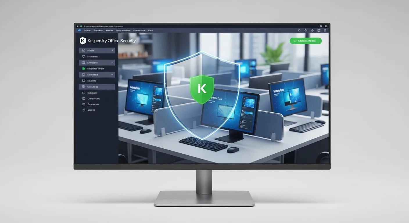 Interfaz del software Kaspersky Small Office Security en un monitor, mostrando un escudo de protección sobre un entorno de oficina con varias computadoras.