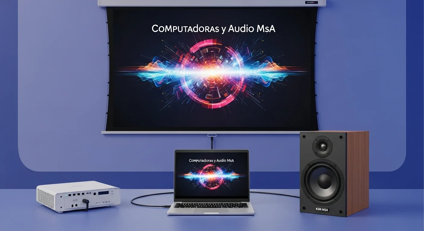 Sala de presentaciones con una pantalla de proyector mostrando gráficos, conectada a una laptop y a un bafle ksr msa 7515nd para un audio potente.