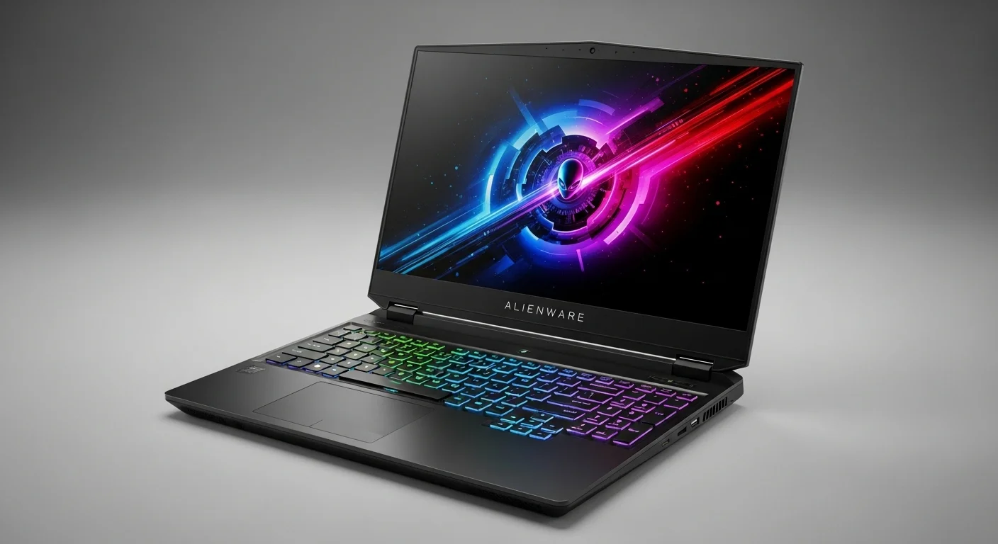 Una laptop Alienware X16 abierta mostrando su pantalla brillante y el teclado retroiluminado con AlienFX RGB.