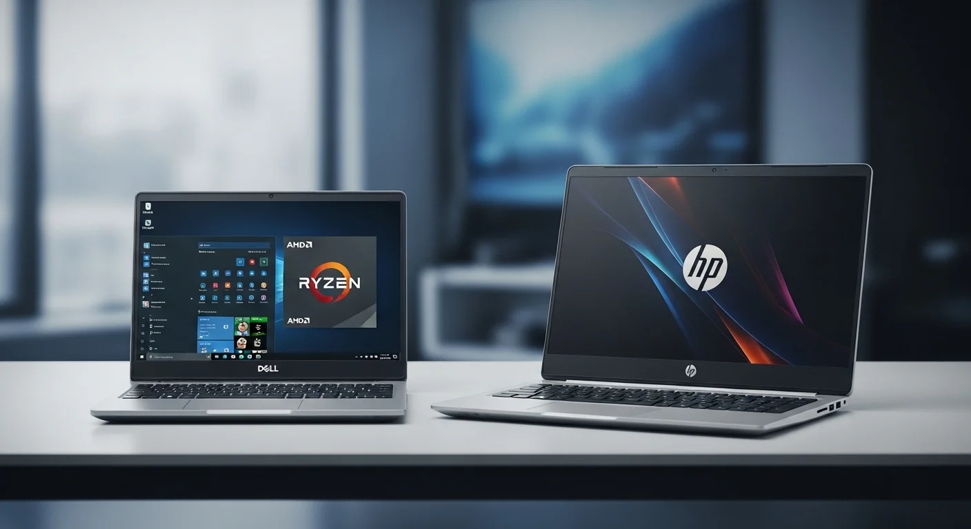Una laptop Dell y una laptop HP con procesadores AMD Ryzen una al lado de la otra sobre un escritorio moderno, representando las opciones de laptop amd.
