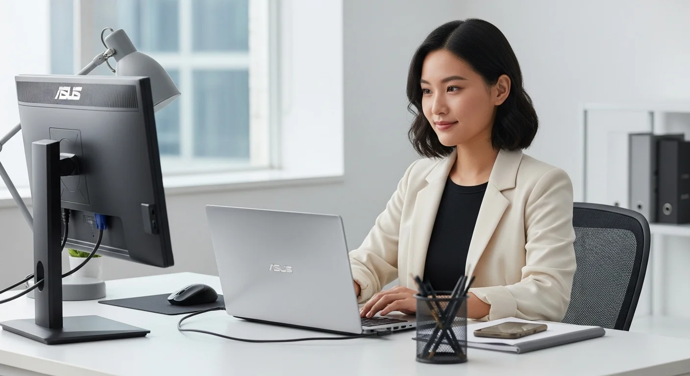 Persona trabajando eficientemente con una laptop Asus Core i3 conectada a un monitor externo y otros accesorios de oficina.