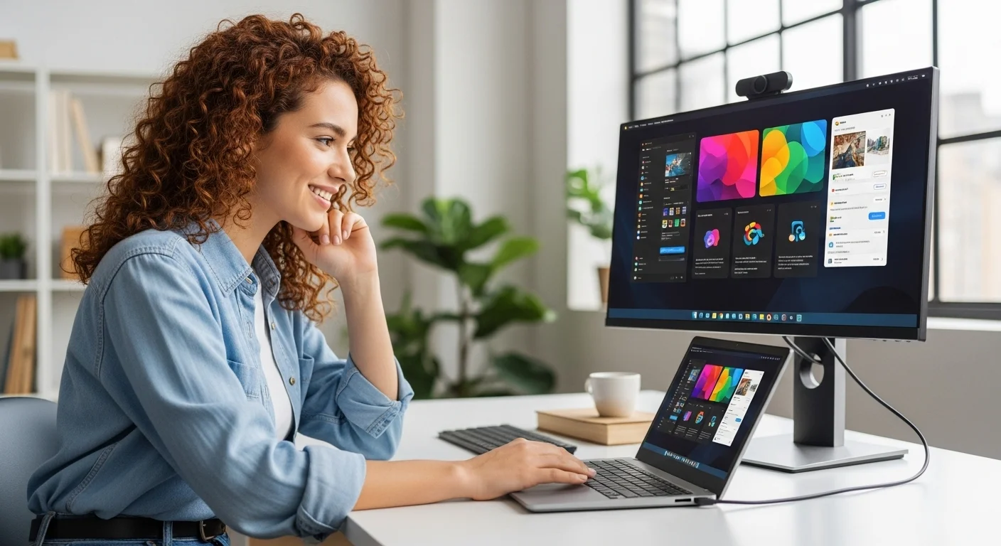 Una persona utilizando una laptop Chromebook con una pantalla externa, mostrando un entorno de trabajo productivo.