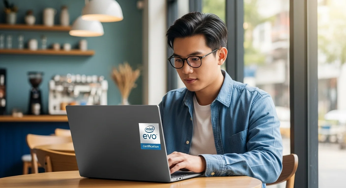 Una persona utilizando un portátil ultradelgado y elegante en una cafetería, con el logotipo de certificación Intel Evo visible, simbolizando la movilidad y el alto rendimiento.