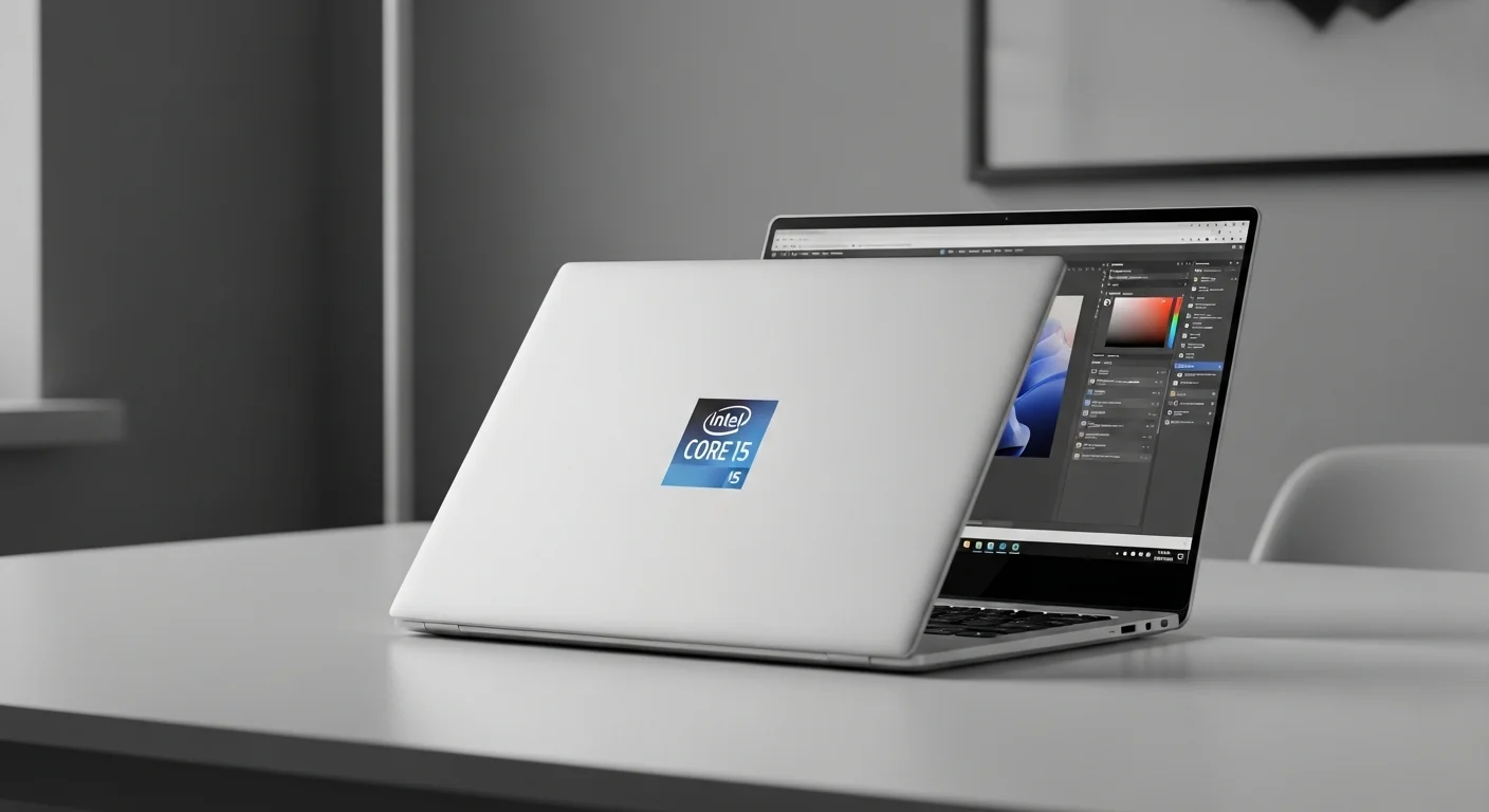 Una laptop delgada y elegante con el logo de Intel Core i5 en la carcasa, abierta sobre un escritorio de trabajo minimalista.