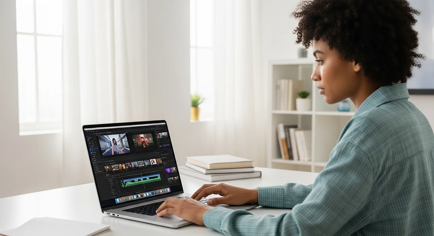 Un creador de contenido trabajando en una laptop potente con Adobe Premiere Pro abierto, editando un video en un espacio de trabajo moderno.