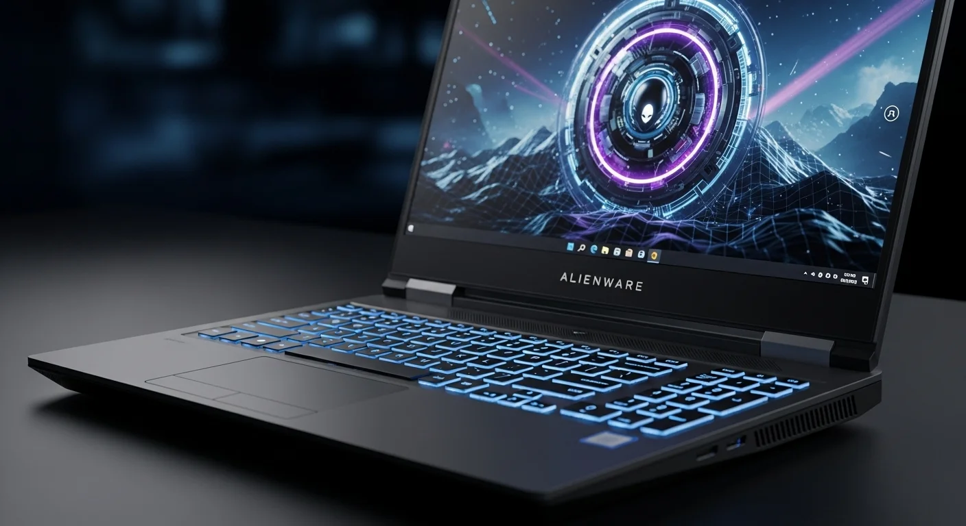 Primer plano de la laptop para computadoras Dell Alienware X17 R2 mostrando el teclado retroiluminado y la pantalla de alta definición.