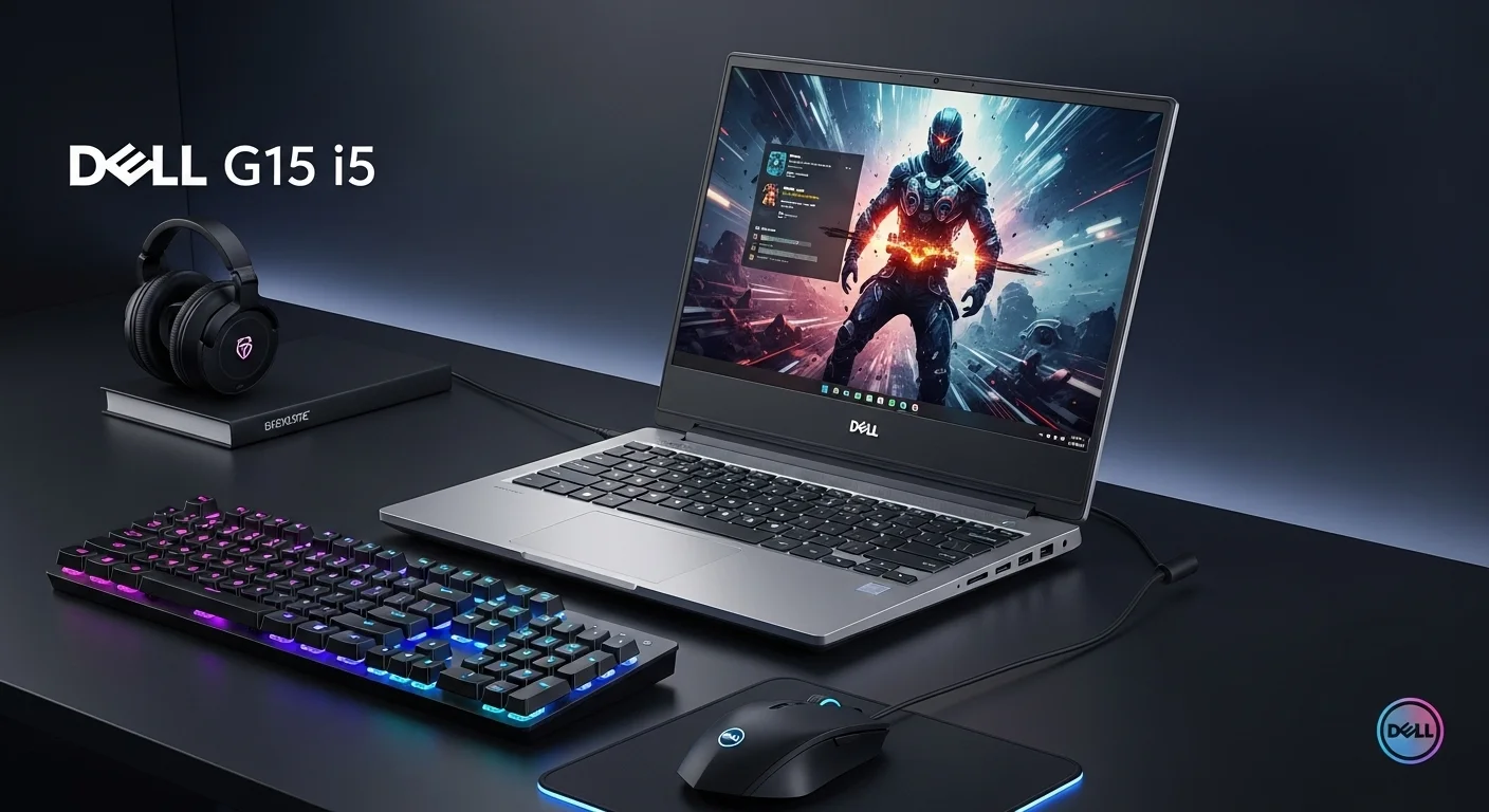 Un setup de gaming con una laptop Dell G15 i5 mostrando gráficos vibrantes, junto a un teclado y ratón iluminados.
