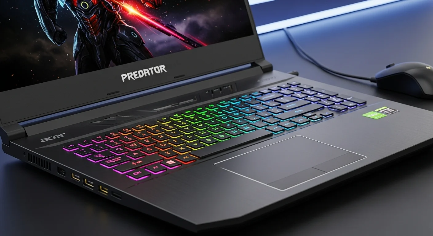 Teclado retroiluminado RGB de una laptop gamer Acer Predator, enfocando en la estética para juegos y la tecnología avanzada en computadoras de alto rendimiento.