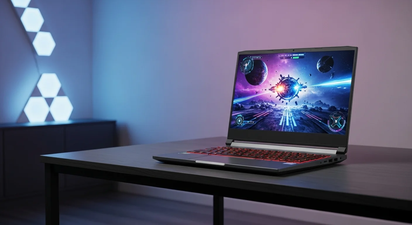 Una laptop gamer delgada y potente sobre una mesa, con la pantalla mostrando un videojuego vibrante, representando una buena laptop gamer calidad precio.