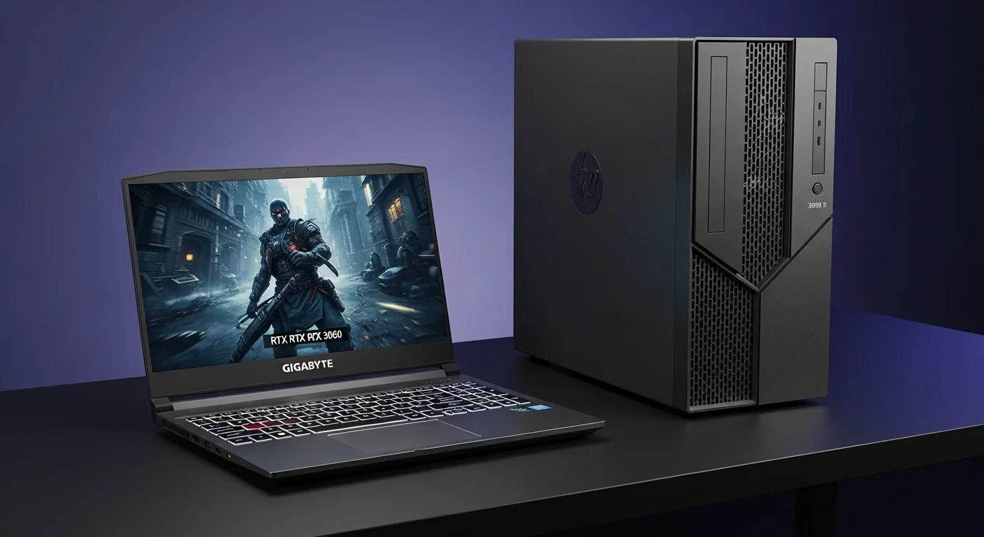 La laptop Gigabyte G5 con una GPU 3060 abierta sobre un escritorio, mostrando su teclado retroiluminado y un juego en pantalla. Al lado, un equipo de sobremesa HP Pavilion 3060 Ti.