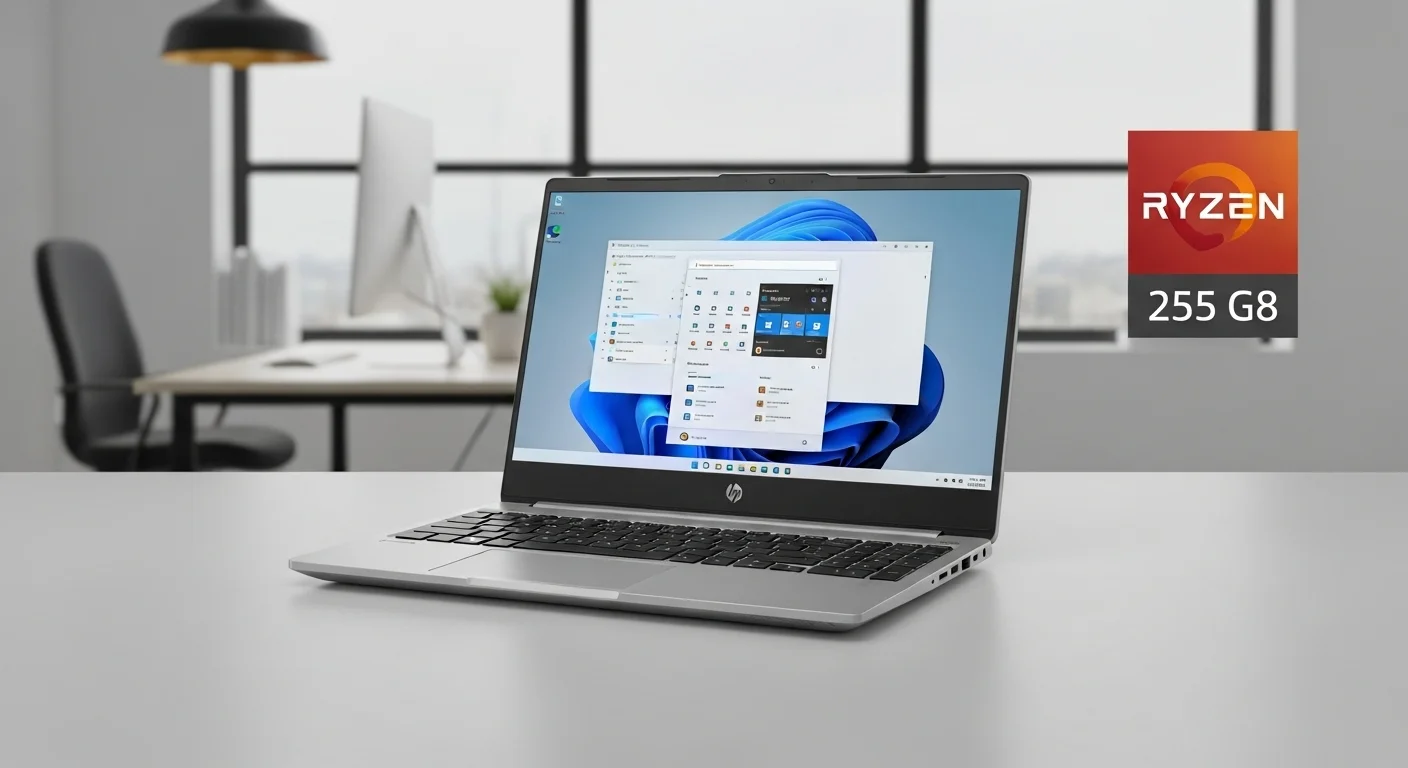 Una laptop profesional HP 255 G8 con procesador Ryzen 5 en un entorno de oficina, destacando su robustez y conectividad.
