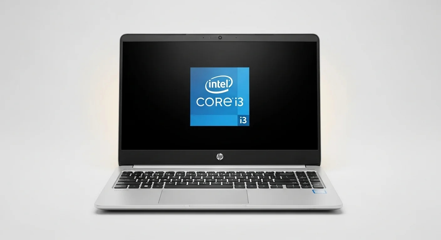 Imagen de una laptop hp core i3 abierta, con el logo de Intel Core i3 en pantalla, simbolizando el rendimiento de las computadoras para tareas de oficina y multimedia.