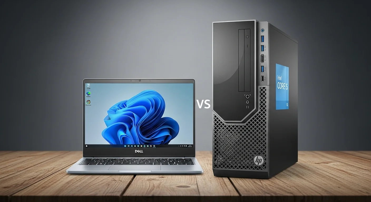 Comparativa de una laptop computadora Dell Core i5 y un computador HP Intel Core i5 sobre una mesa de madera, destacando sus diseños y puertos.