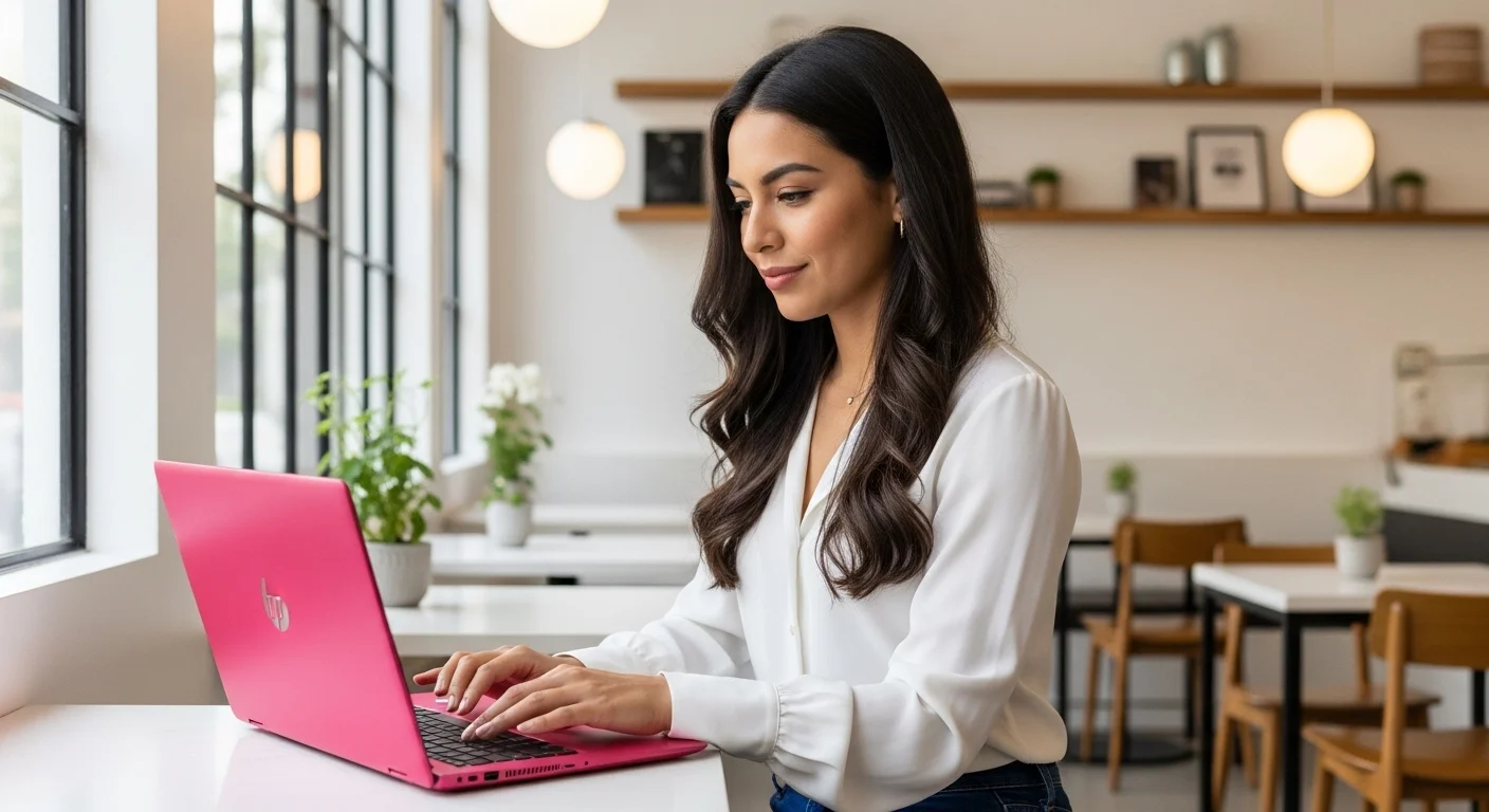 Una mujer joven usando una laptop HP rosa con pantalla táctil en un café moderno, demostrando su versatilidad y estilo.